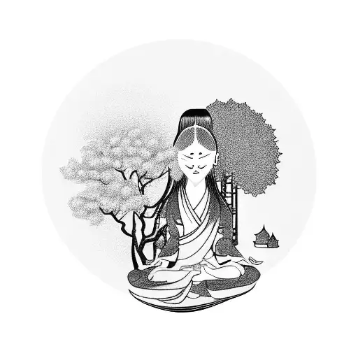 A Businesswoman Meditating Under A Money Tree In A Japanese Garden