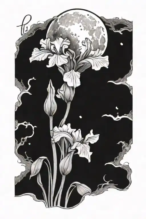 An Iris Flower Blooming Under A Full Moon With Elvish Script Intertwined