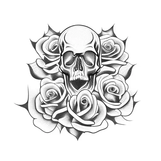 Engraved Skull Surrounded By Roses