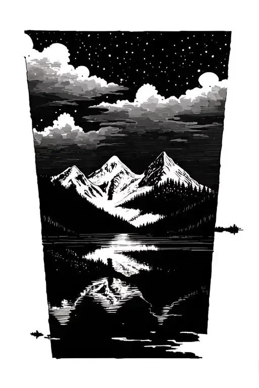 Mountain Scene In Triangle At Night Time Mirror Reflecting