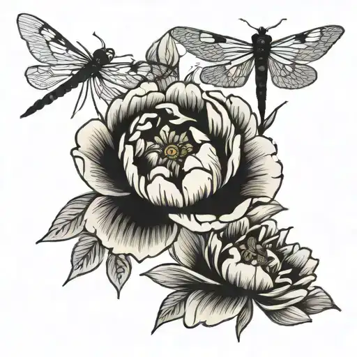 Peony Flowers And A Little Dragonfly Flying