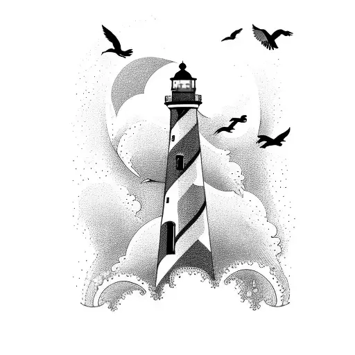 A Majestic Lighthouse Standing Tall Amidst Crashing Waves And Birds Soaring In The Sky