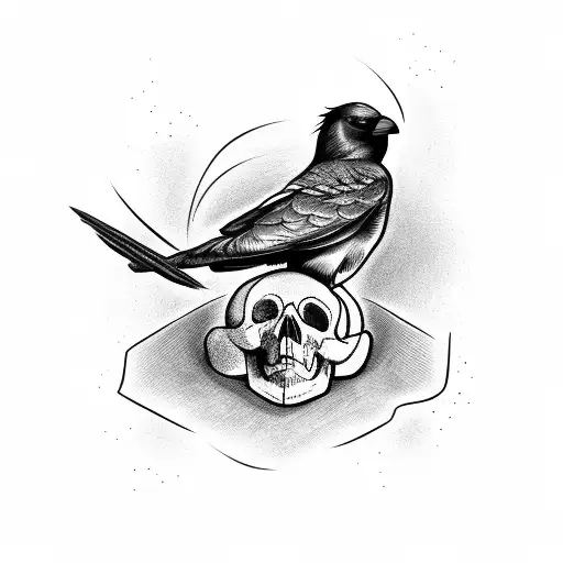 A Taxidermy Crow Perched On A Skull