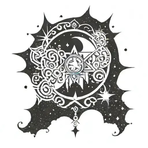 Sanskrit Mantra Written In A Stylized Font With A Celestial Background Of Stars And Moons