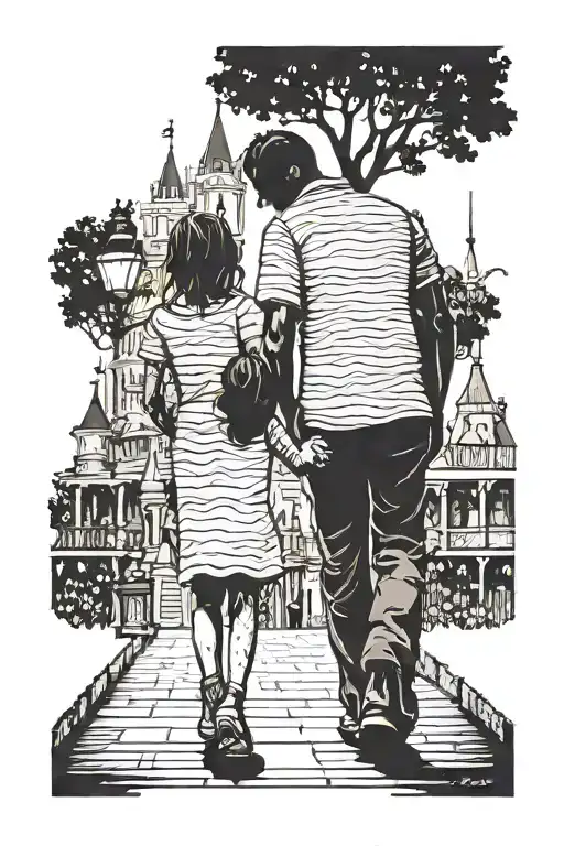 A Silhouette Of A Father And Daughter Walking Hand In Hand Down Main Street In Disney World