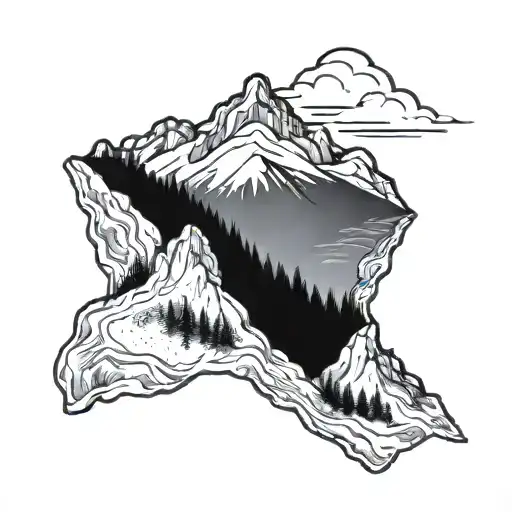 A Detailed Mountain Landscape Tattoo With A Hidden Trail For Hiking Enthusiasts