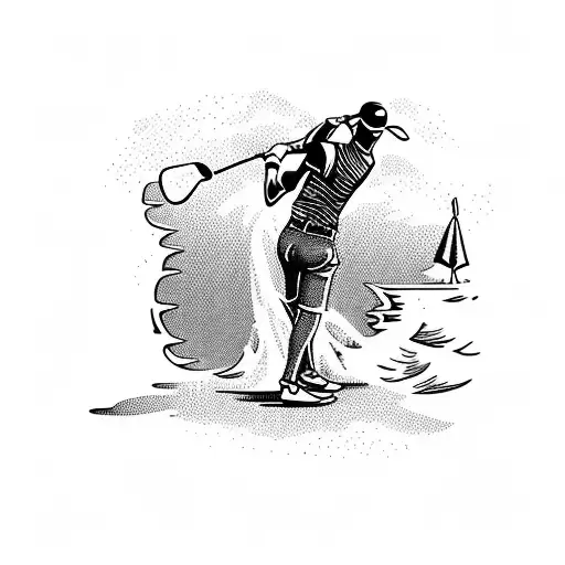 A Blackwork Tattoo Of A Golfer Teeing Off On A Beach With Ocean Waves In The Background