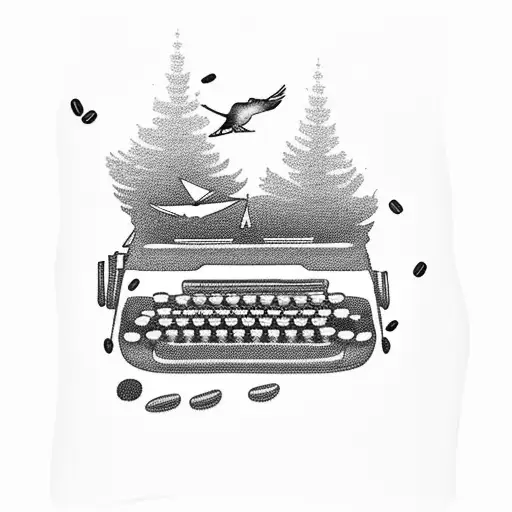 A Typewriter Surrounded By Coffee Beans And Birds Flying Above It