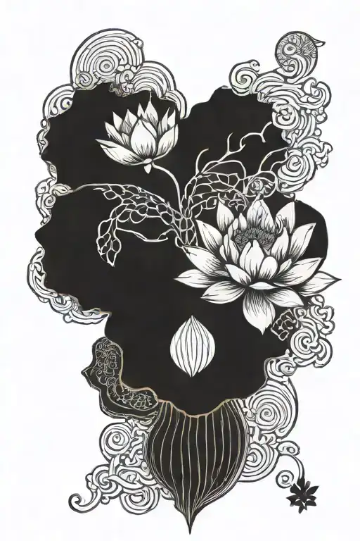 Oriental Lotus Flower Deconstruct With Blackwork Oriental Background