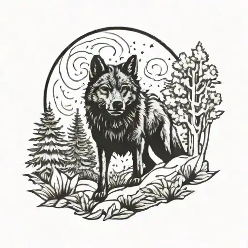 Wolf Protektin Small Child In The Forest Landscape