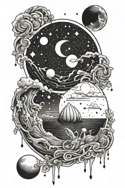 Full Moon And See Shell In The Night Sky Filled With Stars