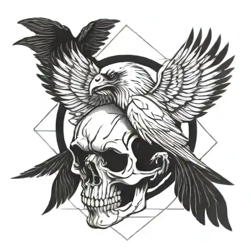 Thick Line Skull And Raven With Wings Symmetrical For Back
