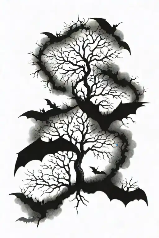 Long Leafless Tree Surrounded By Fog And Bats
