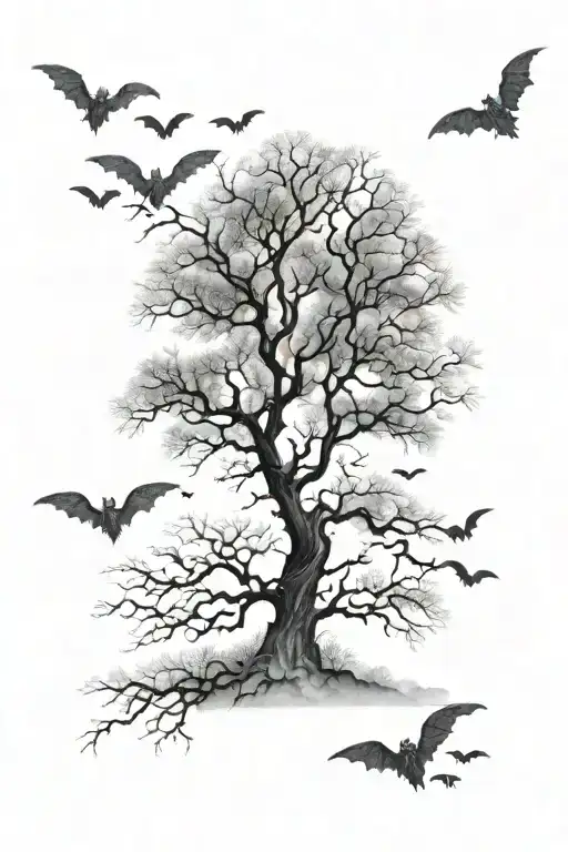 Long Bulky Leafless Tree Surrounded By Fog And Bats