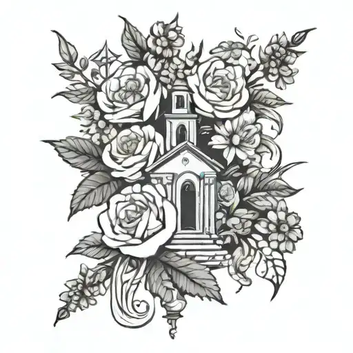 A Bouquet Of Birth Flowers Intertwined With Church Symbols