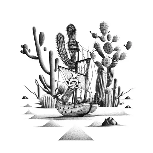 A Dotwork Tattoo Of A Pirate Ship Sailing Through A Desert Landscape Filled With Cacti