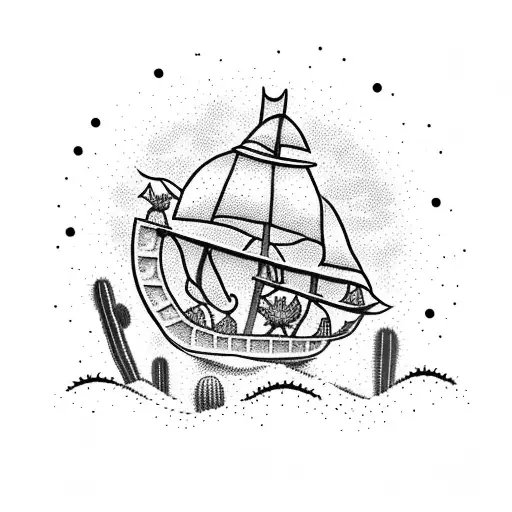 A Dotwork Tattoo Of A Pirate Ship Sailing Through A Desert Landscape Filled With Cacti