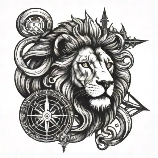 Lion Head And Compass And Cross Intertwined