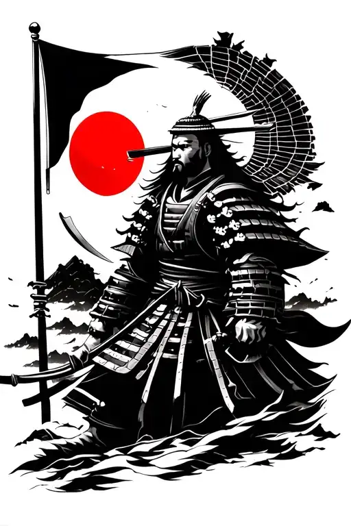 Samurai Tattoo With The Flag Of Japan At The Top Like A Red Moon