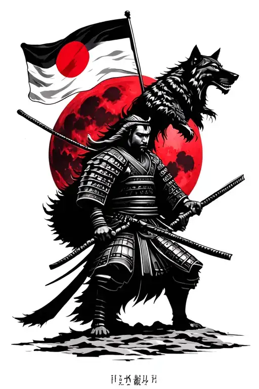 Samurai Tattoo With The Flag Of Japan At The Top Like A Red Moon And Wolves Around Howl