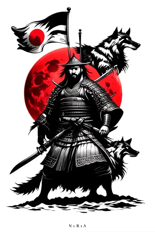 Samurai Tattoo With The Flag Of Japan At The Top Like A Red Moon And Wolves Around Howl