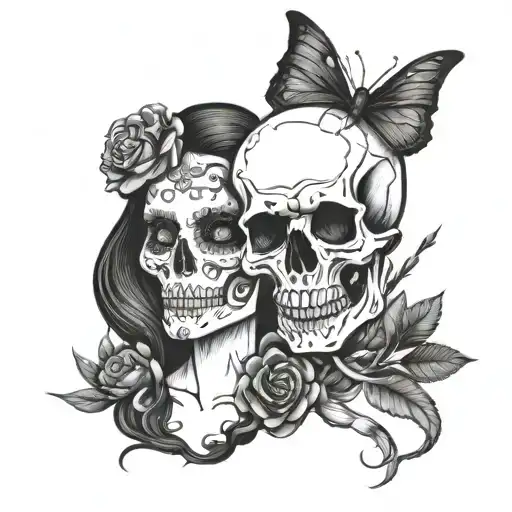 Lovers Tarrot Card Two Women Skulls Edgy Tattoo Design