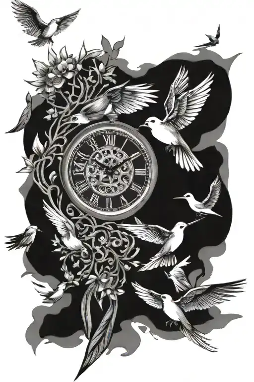 Clock And Birds Flying