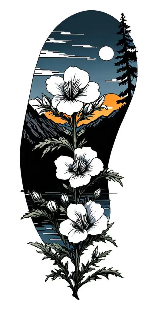 Rocky Mountains Columbine Flowers Pine Trees Colors Sunset Over Lake