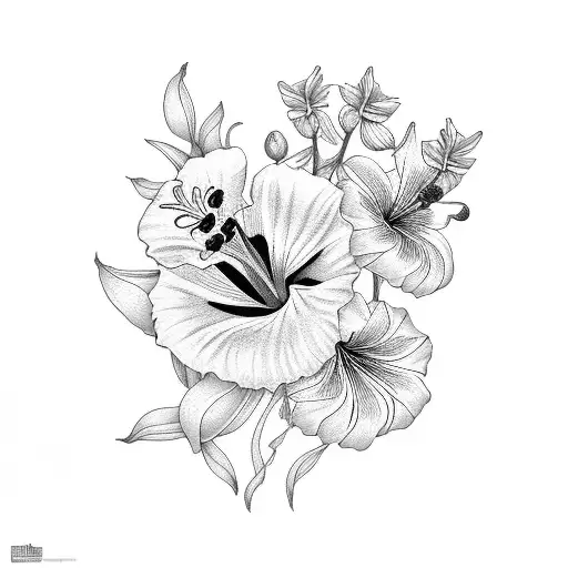 Tiger With Lily And Hibiscus Flowers