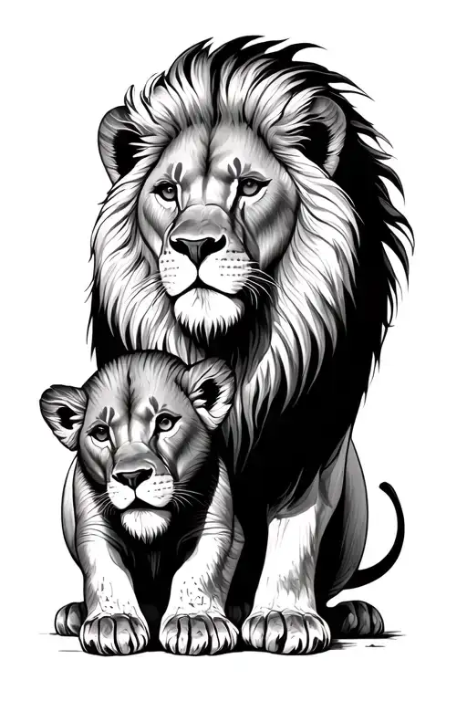 Lion Protecting Cub