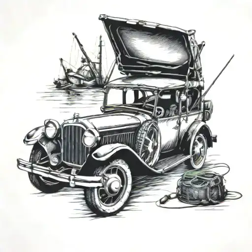 A Detailed Blackwork Tattoo Of A Vintage Car Surrounded By Fishing Gear And Hunting Rifles