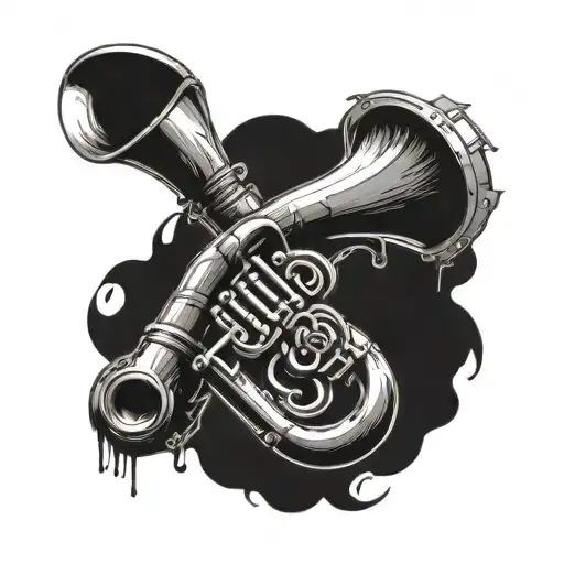 Post-apocalyptic Music Themed Tattoo Featuring A Tuba And Weapon Elements