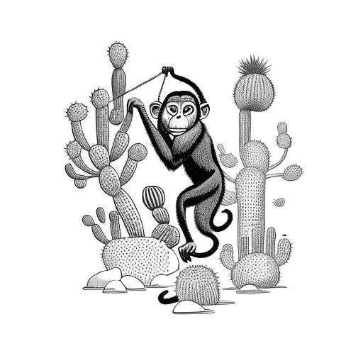 A Monkey Swinging From A Cactus In A Desert Landscape Between Tigers