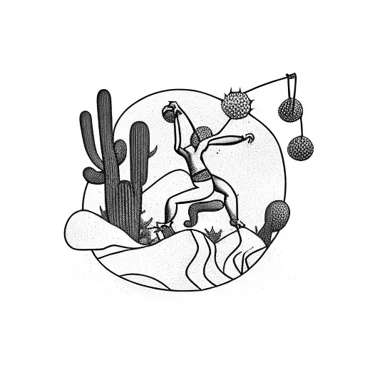 A Monkey Swinging From A Cactus In A Desert Landscape Between Tigers
