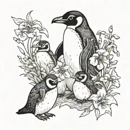 A Penguin Choir Singing Amidst A Field Of Blooming Flowers