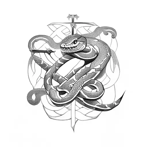A Sword-shaped Cross Wrapped Around A Snake Trying To Eat The Earth