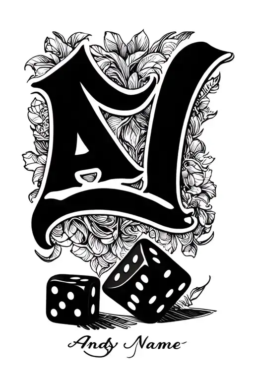 Andy Name Wrote In Cursive With 2 Dice Set Under The Name
