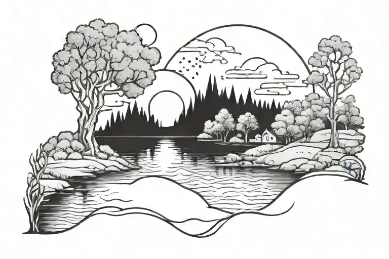Moon Shining Brightly Over Landscape With River And Trees