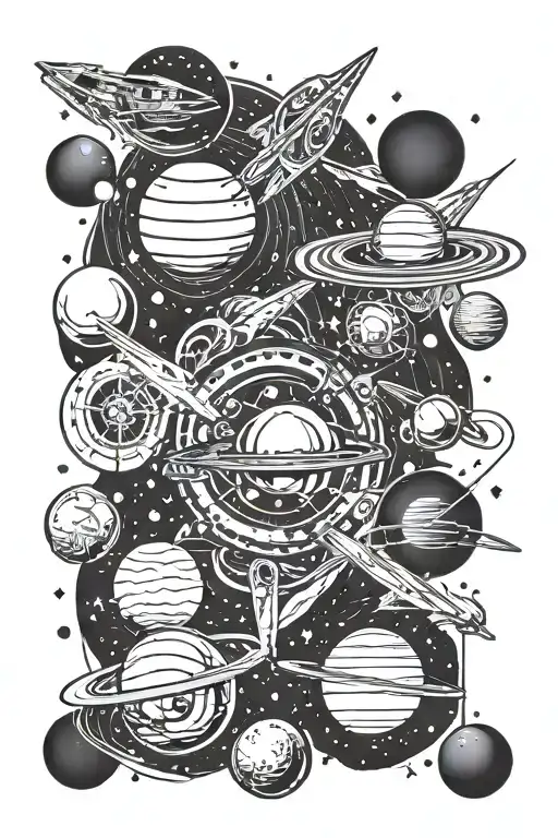 Space Exploration Fleet And Planets Orbiting
