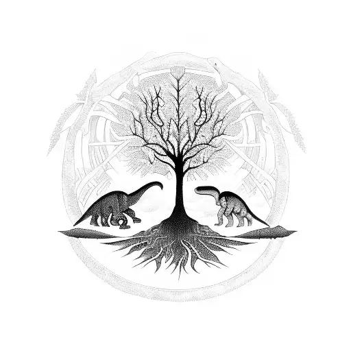 Tree Of Life Next To A Dinosaur On A Bicycle
