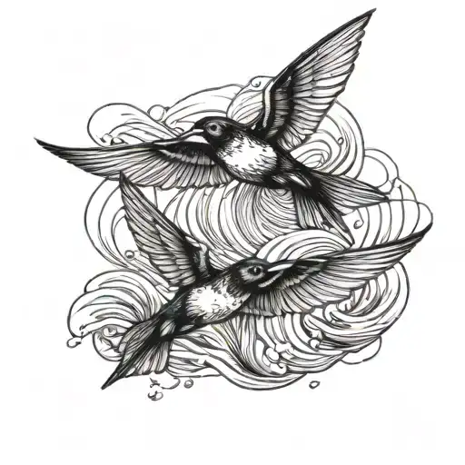 Two Swallows Flying Towards Each Other Over A Stormy Sea With Shading Fine Line