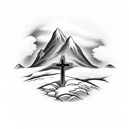 Cross On Hill With Man Looking To Mountain