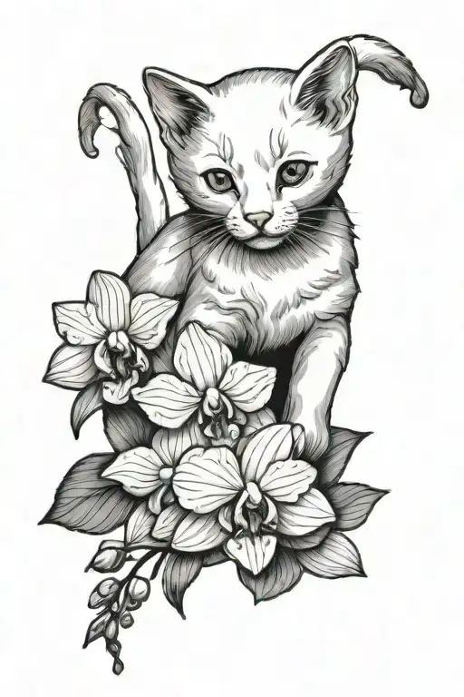 White Kitten And Orchid Flowers