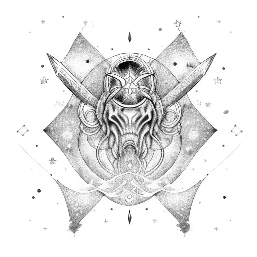 A Majestic Aquarius Constellation Surrounded By Intricate Blackwork Waves