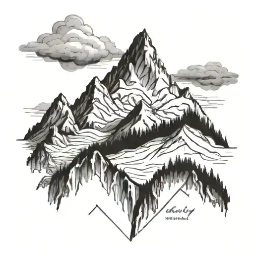 A Detailed Blackwork Tattoo Of A Majestic Mountain Range With A Winding Hiking Trail