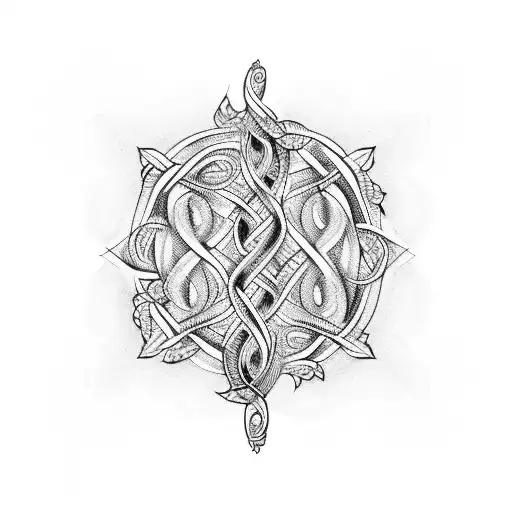 An Intricate Blackwork Design Of A Guitar Neck Entwined With Vines And Flowers