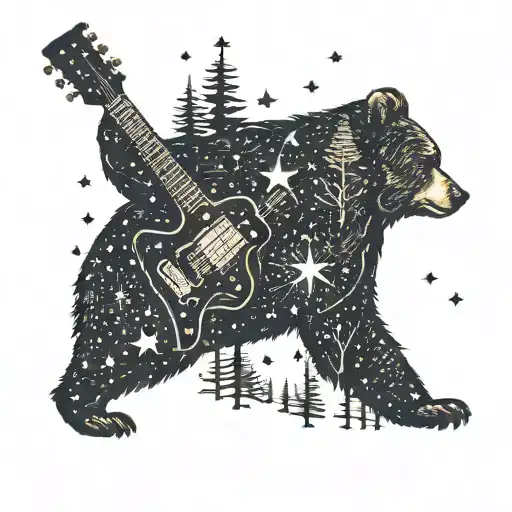 A Silhouette Of A Bear Playing A Guitar Under A Starry Night Sky In The Middle Of A Forest