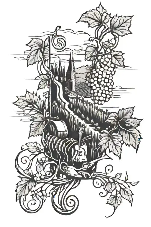 A Sketch Tattoo Of A Vineyard Landscape With A Music Note Intertwined In The Vines
