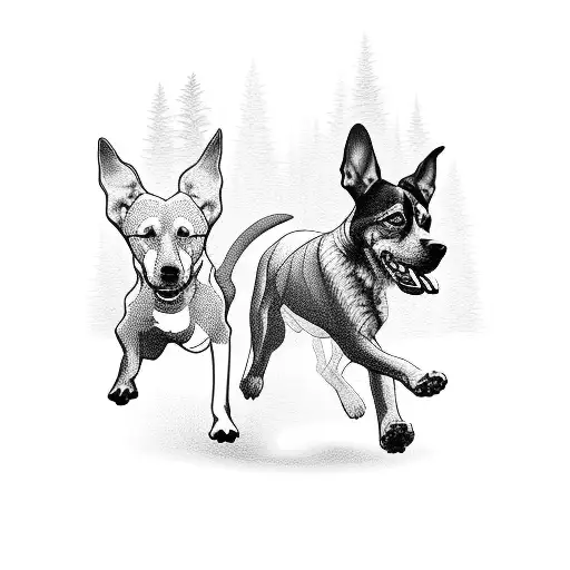 A Pack Of Dogs Running Through A Forest