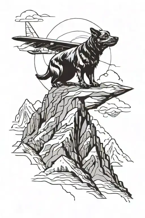 A Minimalist Tattoo Of A Dog Sitting On A Mountain Peak With A Plane Flying Overhead